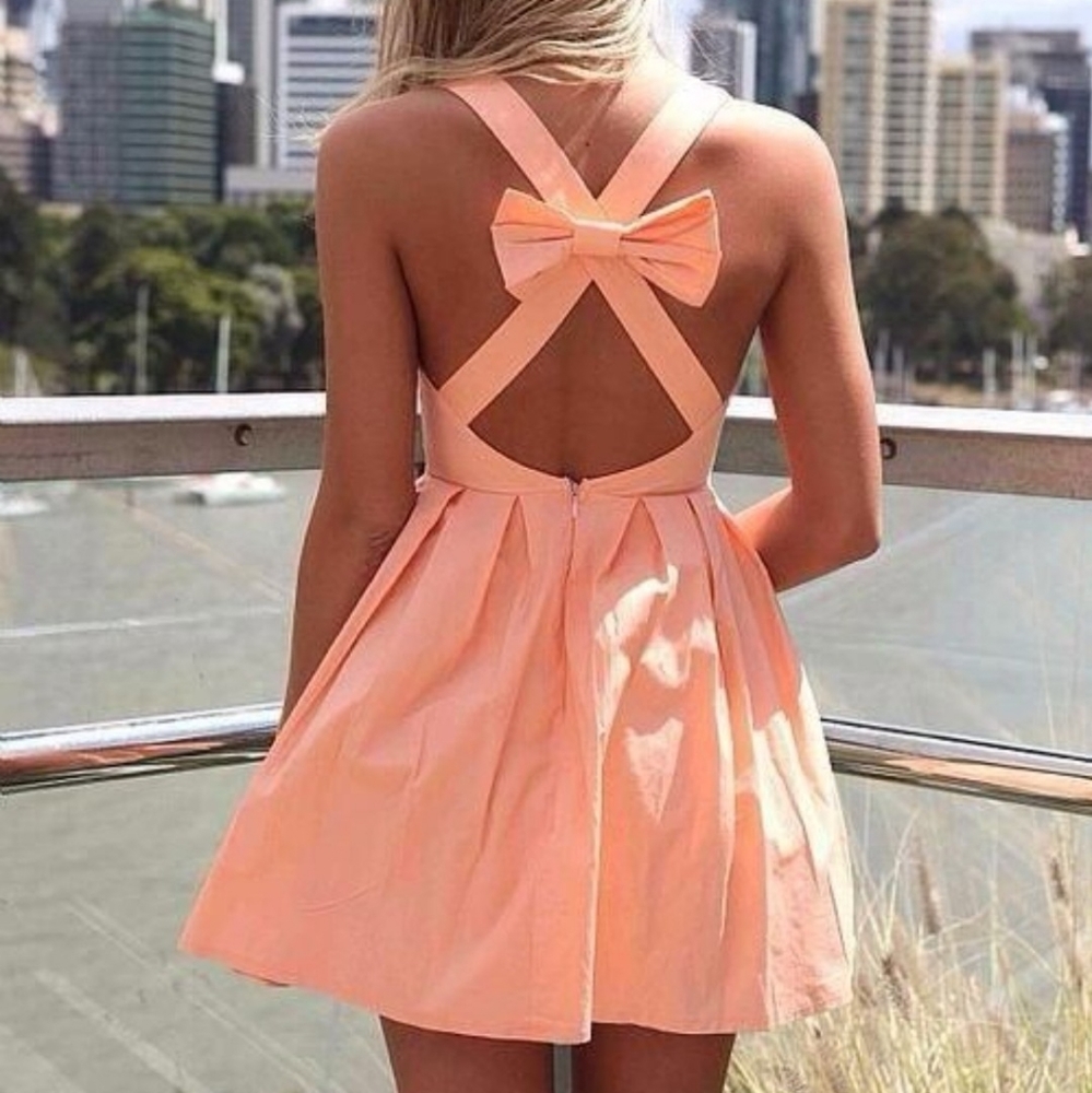 Neon Peach Bow Tie Open Back Mini dress
